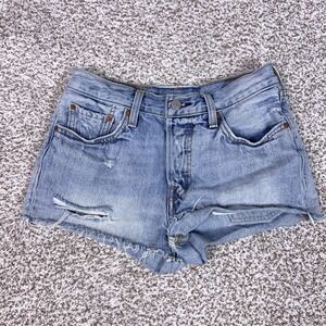 Levis 501 Denim Shorts Womens 28 Blue Button Fly Distressed Raw Hem Festival